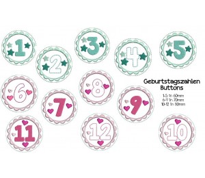 Stickserie ITH - Buttons für Geburtstagskrone - Geburtstagszahlen Stern & Herz